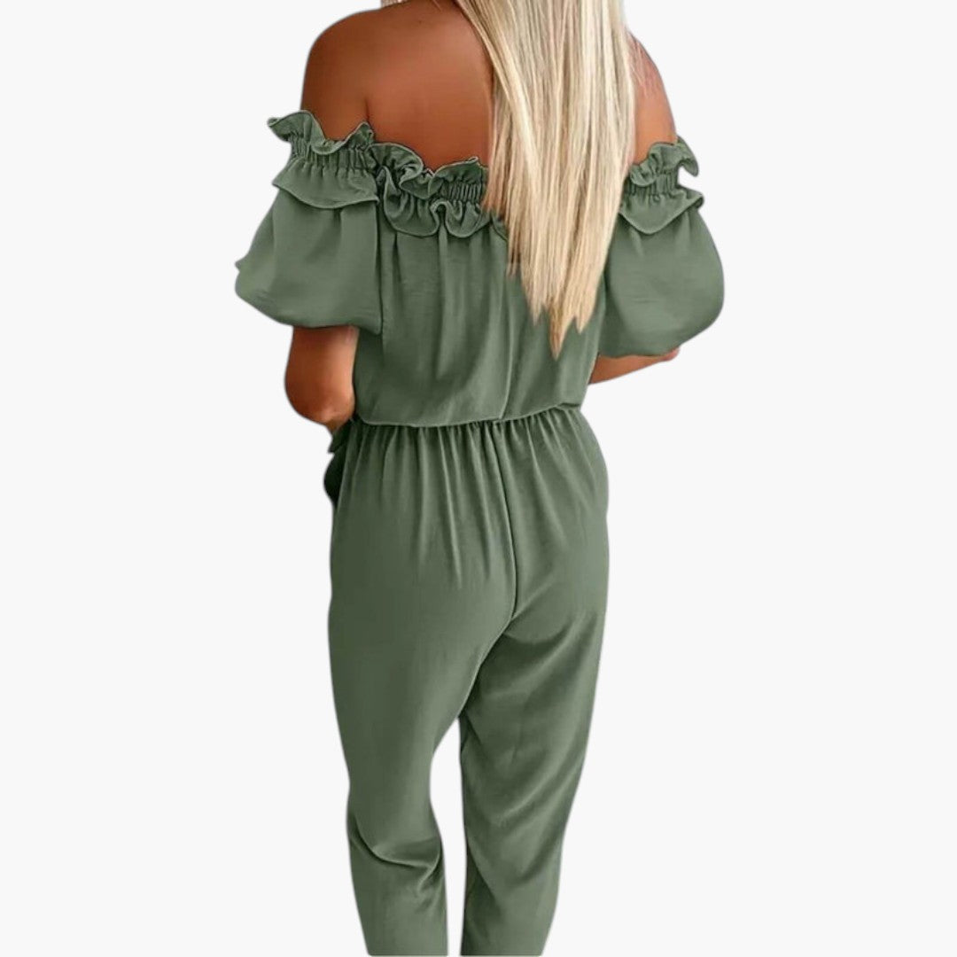Women's Jumpsuit with Off-Shoulder Neckline and Tied Waist