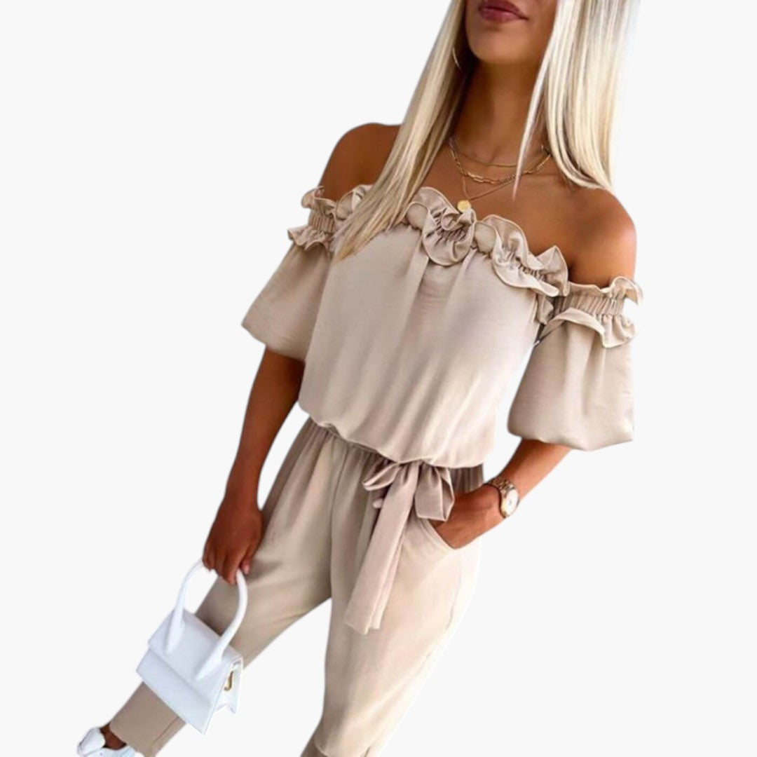 Women's Jumpsuit with Off-Shoulder Neckline and Tied Waist