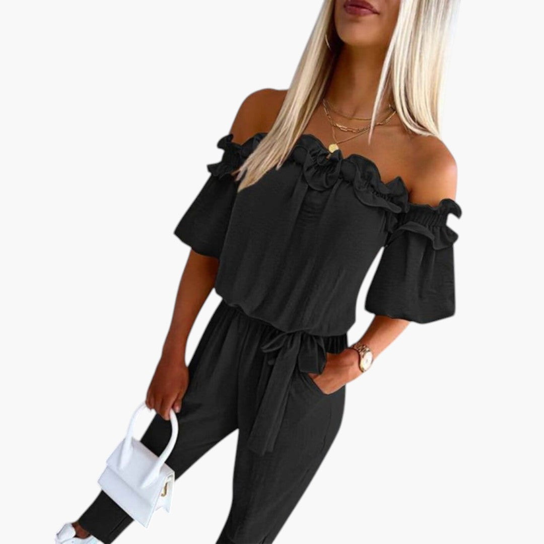 Women's Jumpsuit with Off-Shoulder Neckline and Tied Waist
