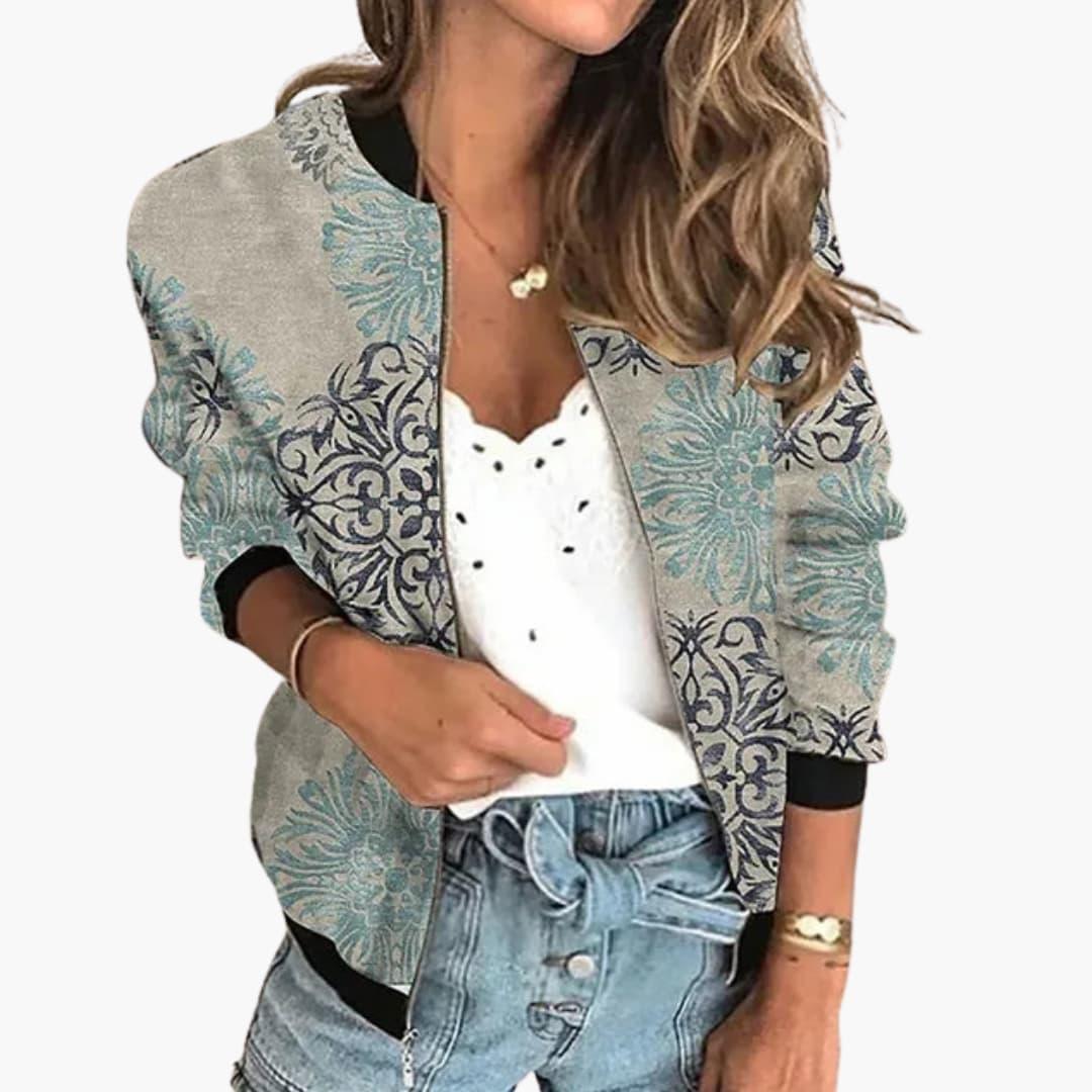 Women's Bomber Jacket with Floral Pattern and Zipper