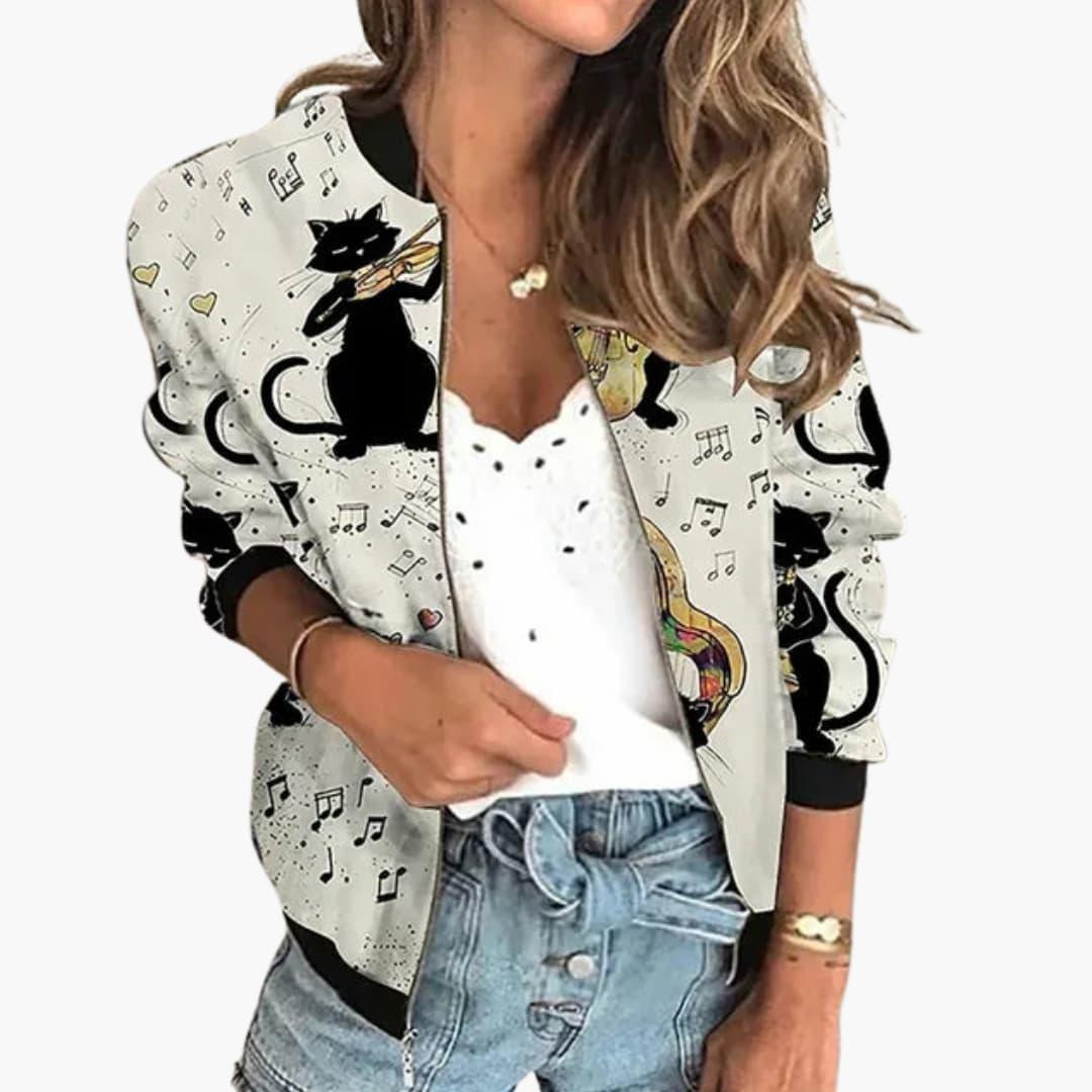 Women's Bomber Jacket with Floral Pattern and Zipper
