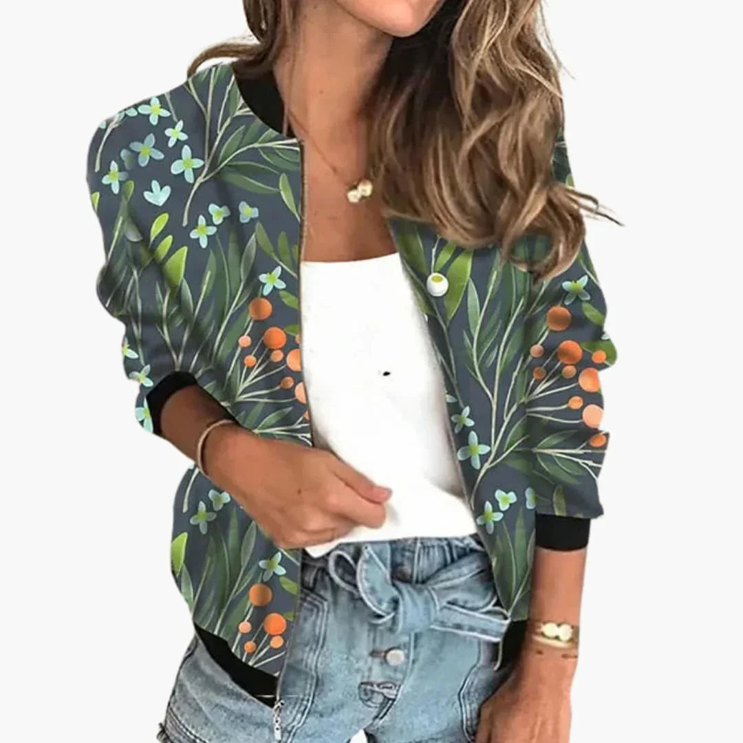 Women's Bomber Jacket with Floral Pattern and Zipper