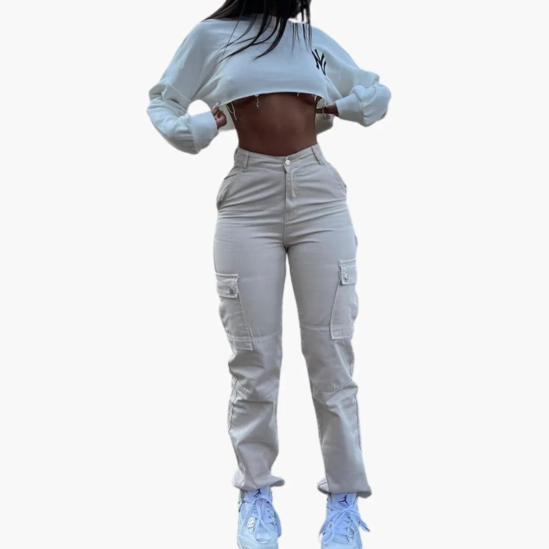 Women's High-Waisted Cargo Pants with Side Pockets