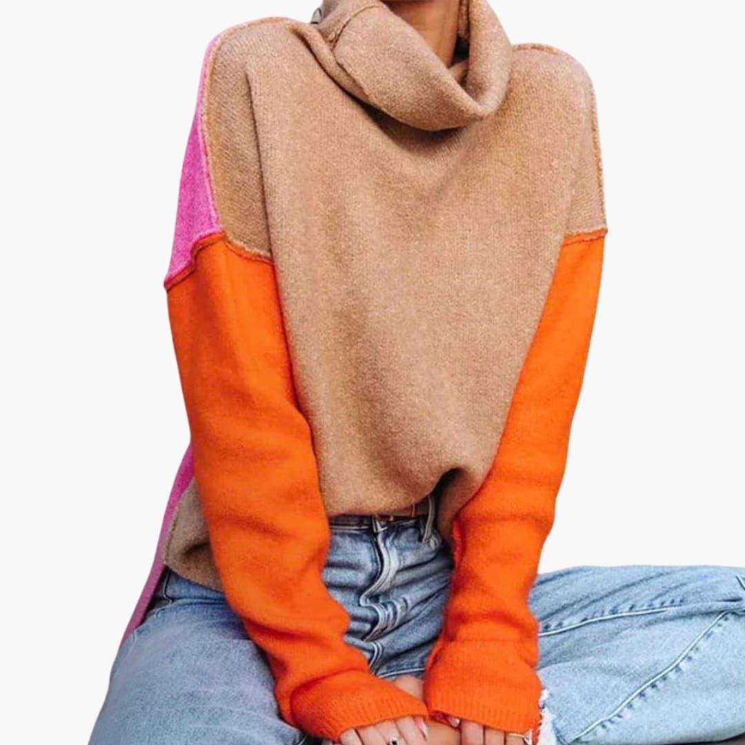 Women's Colorblock Knit Sweater with High Collar