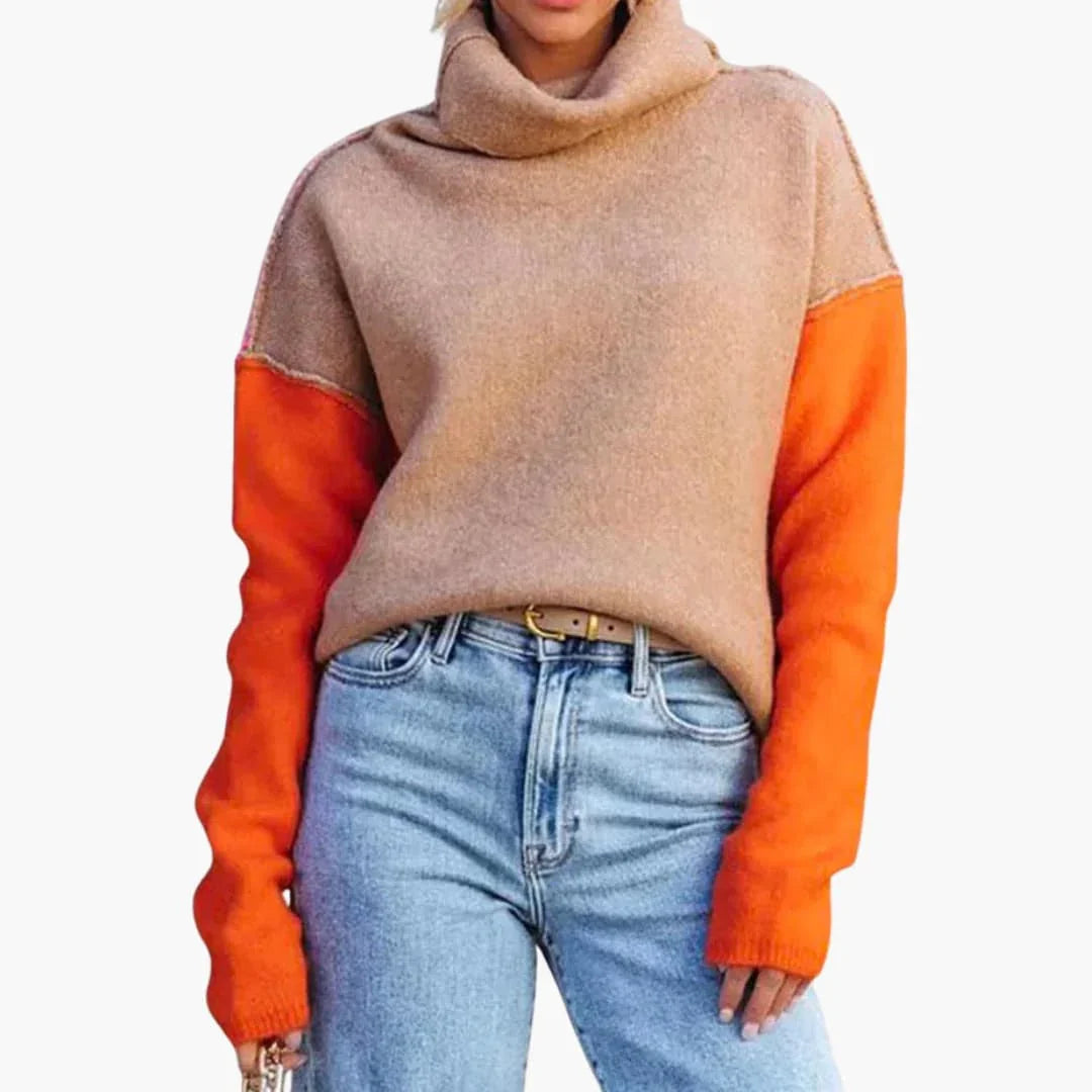 Women's Colorblock Knit Sweater with High Collar