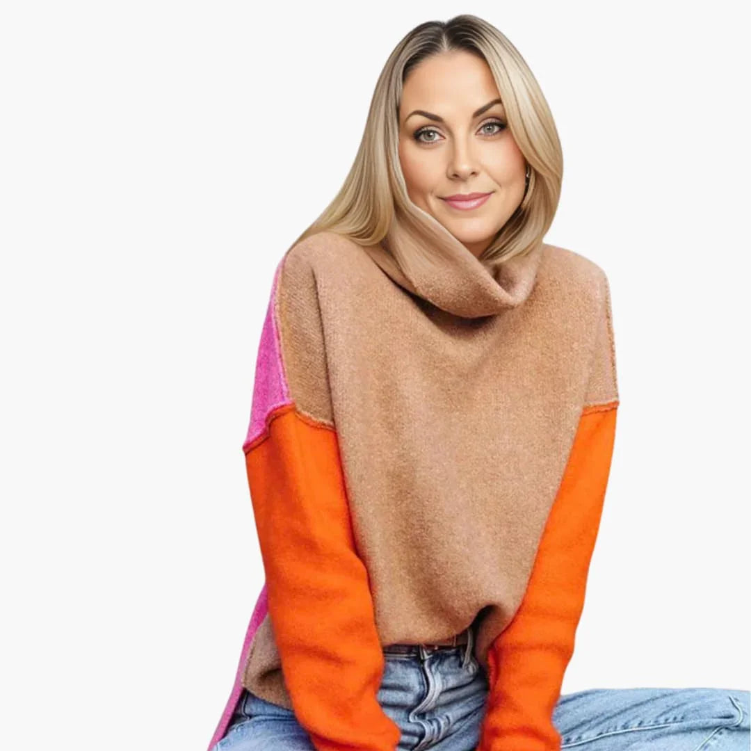 Women's Colorblock Knit Sweater with High Collar
