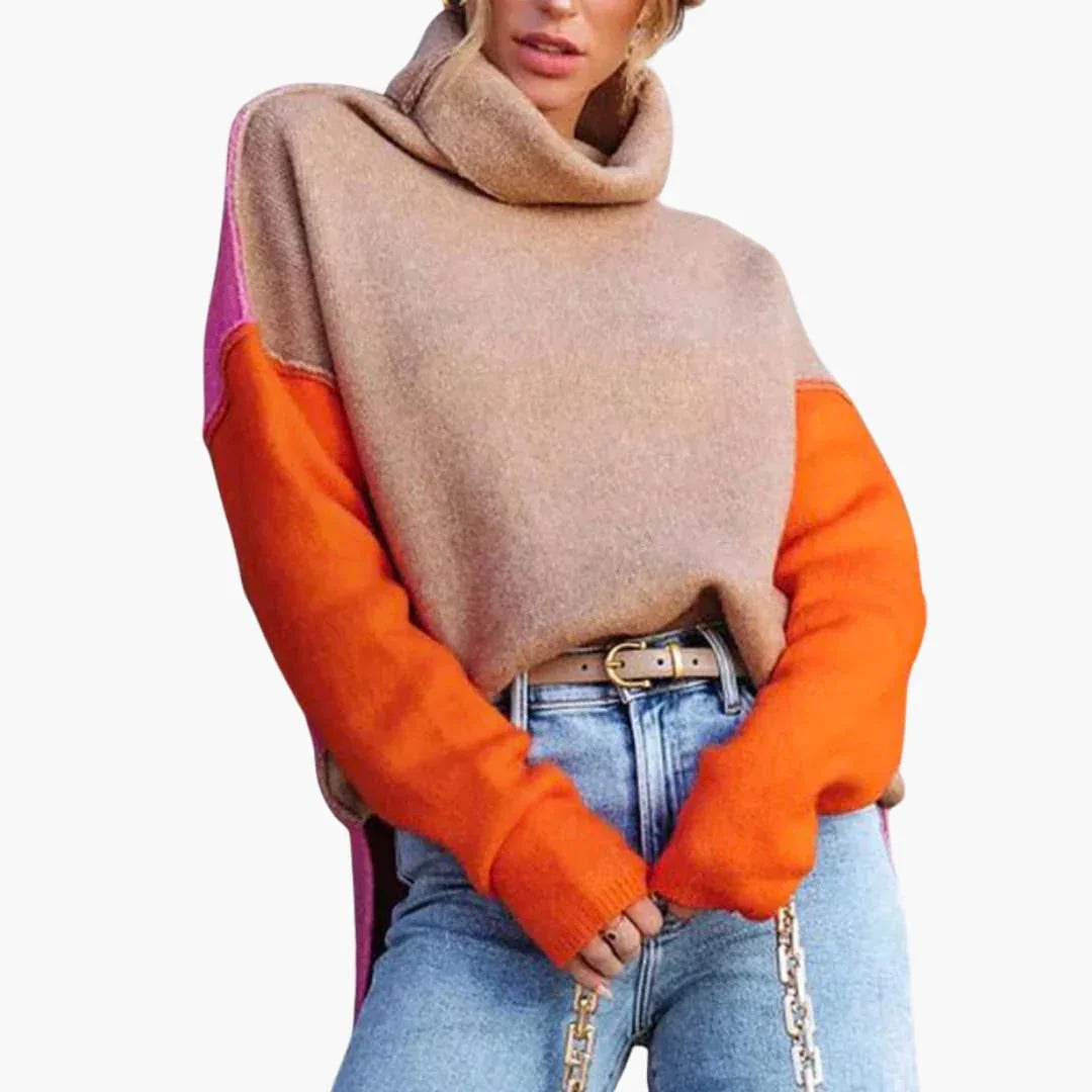 Women's Colorblock Knit Sweater with High Collar