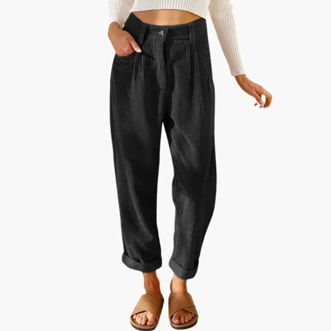 Women's Corduroy Pants with Waistband and Front Closure