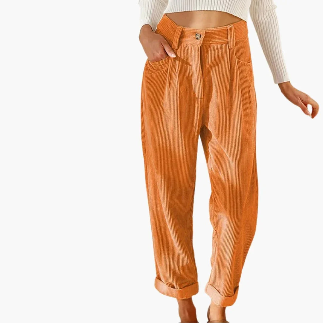 Women's Corduroy Pants with Waistband and Front Closure