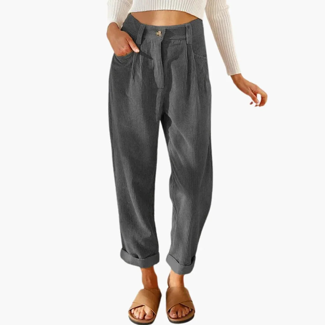 Women's Corduroy Pants with Waistband and Front Closure