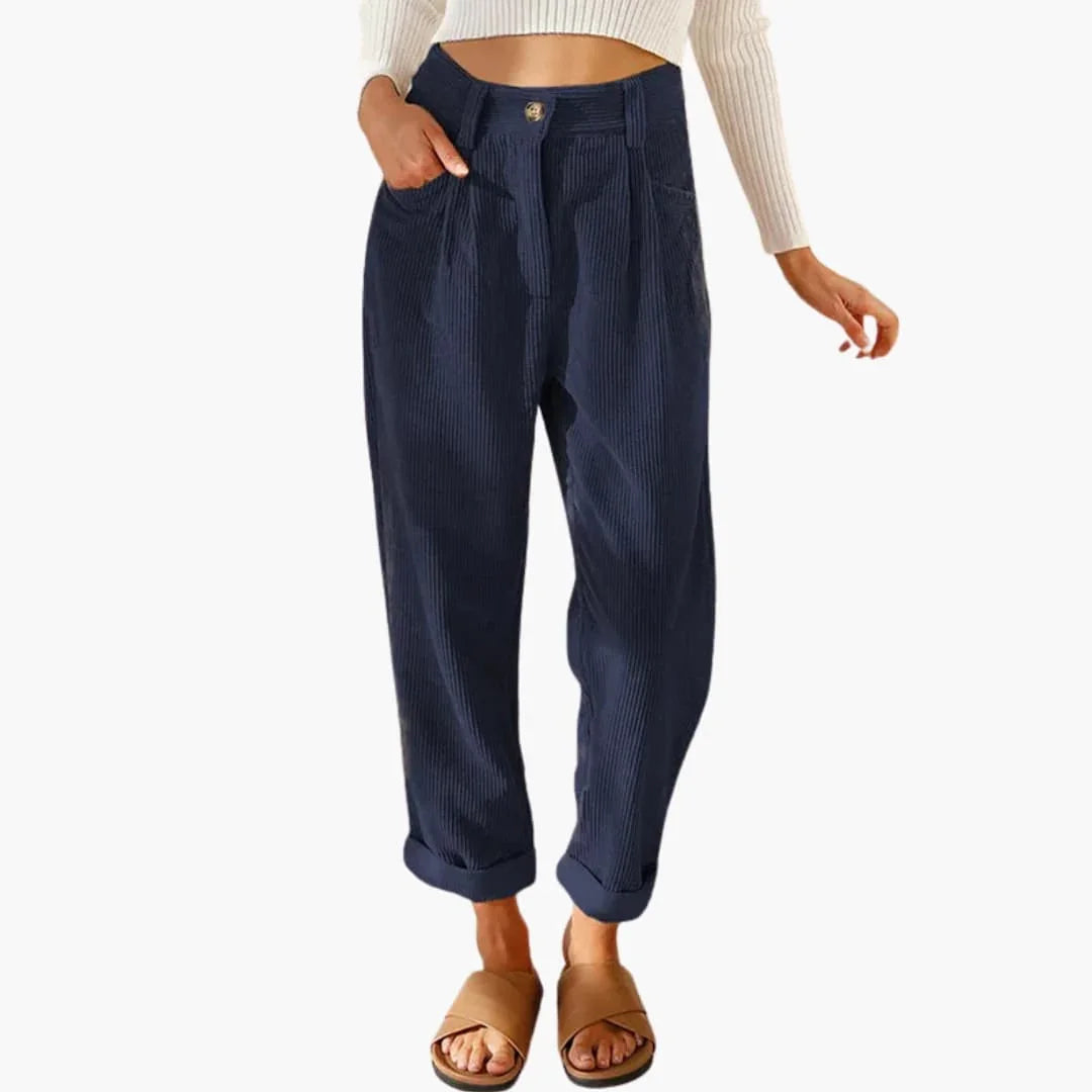 Women's Corduroy Pants with Waistband and Front Closure