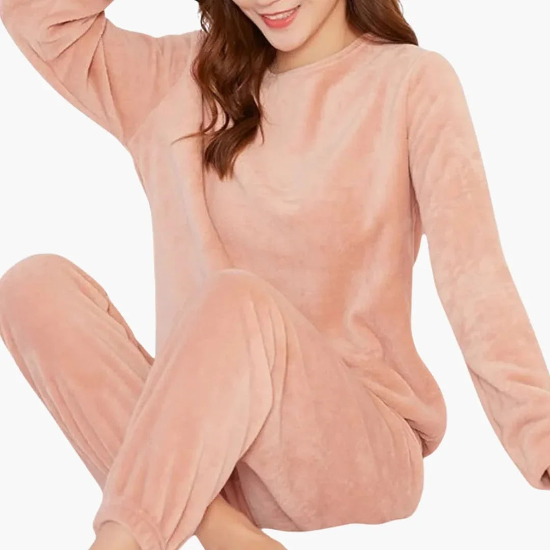 Women's Fleece Pajama Set with Round Neck and Elastic Waistband