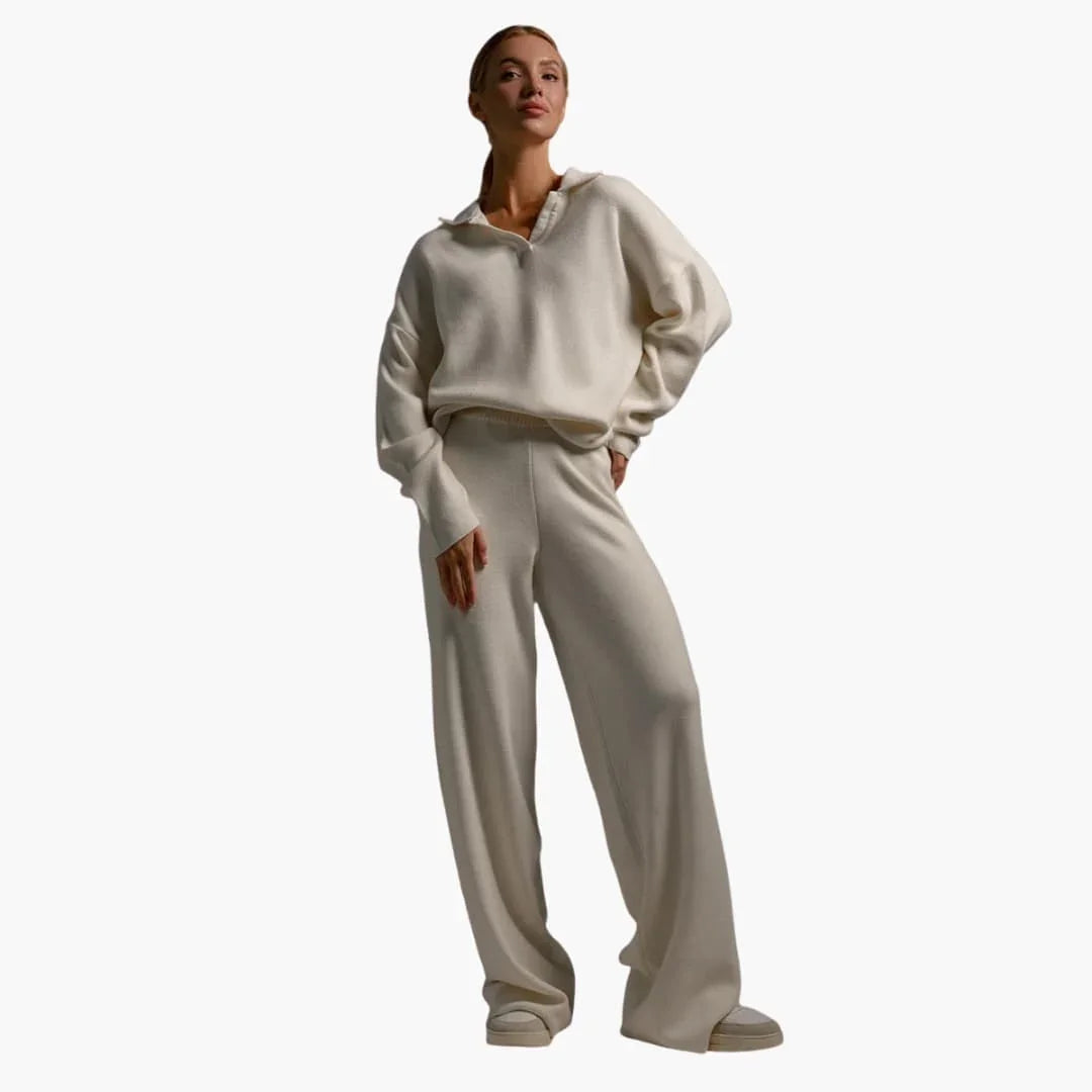 Women's Lounge Suit with Collar Top and Wide Pants