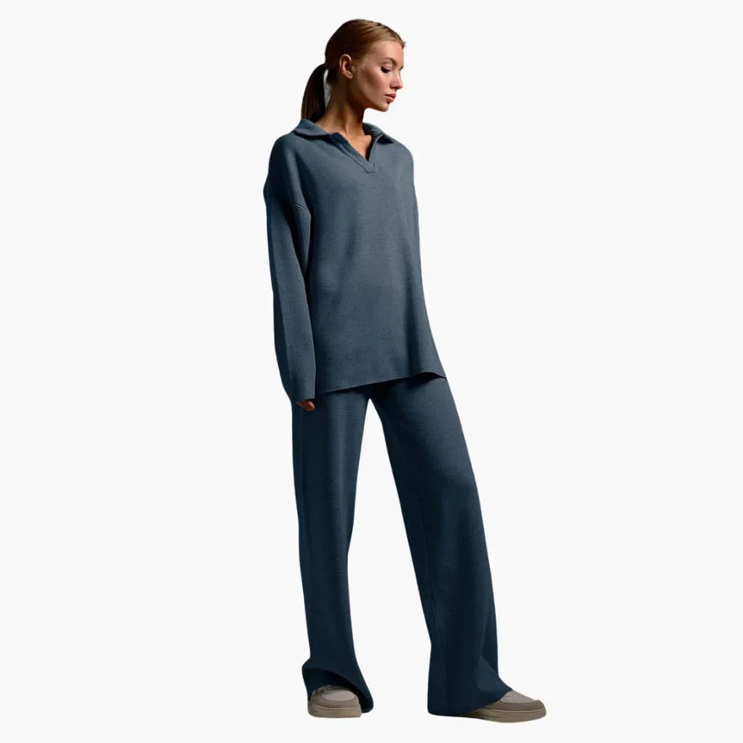 Women's Lounge Suit with Collar Top and Wide Pants
