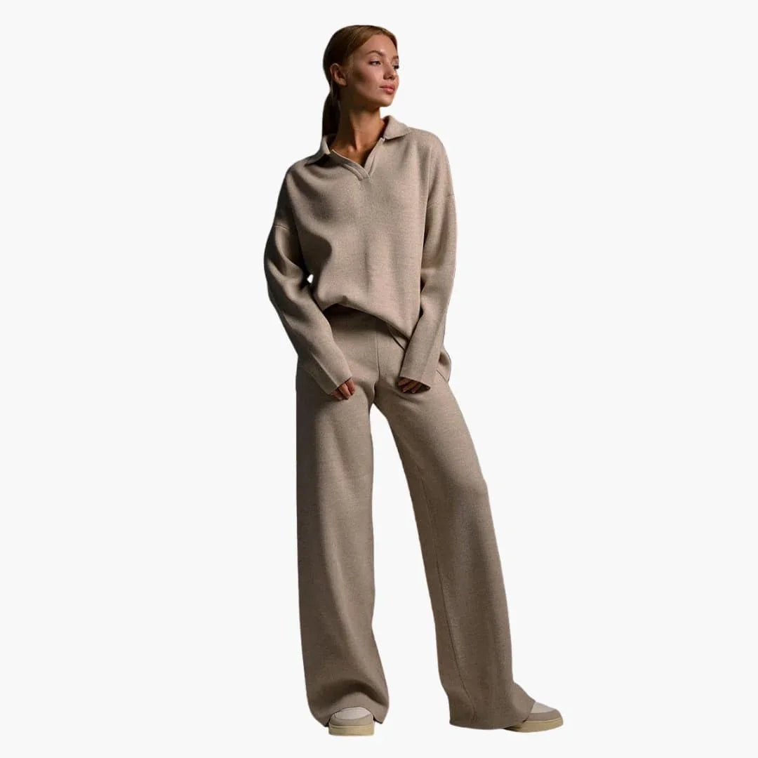 Women's Lounge Suit with Collar Top and Wide Pants