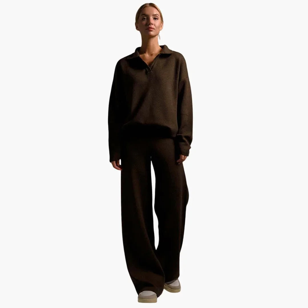 Women's Lounge Suit with Collar Top and Wide Pants