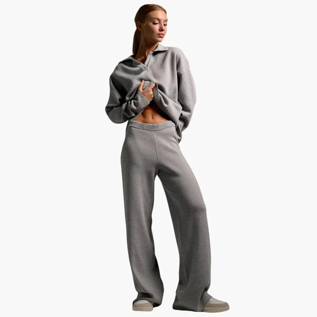 Women's Lounge Suit with Collar Top and Wide Pants