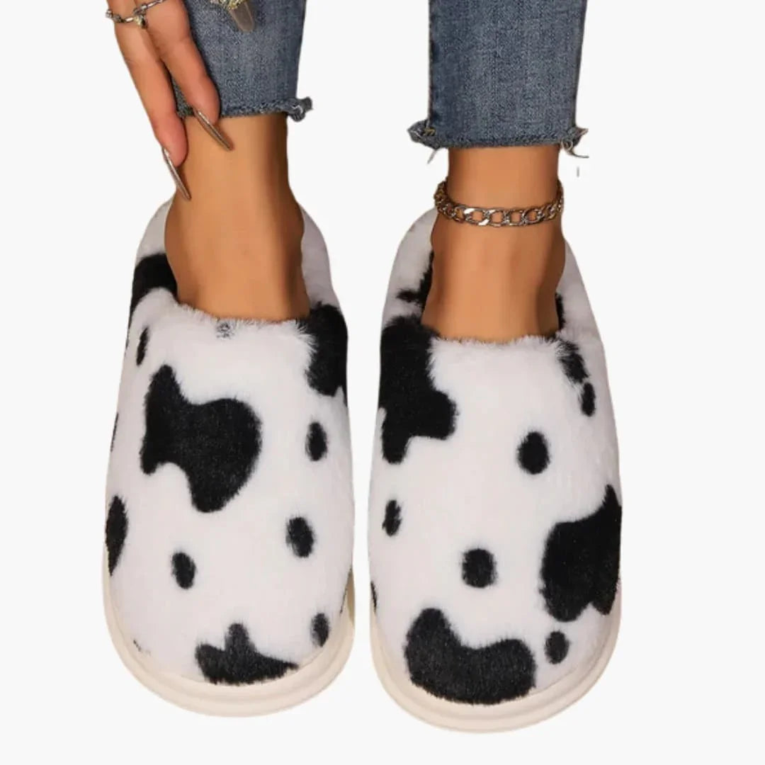 Bavane | Women's Slippers with Cow Pattern and Plush Lining