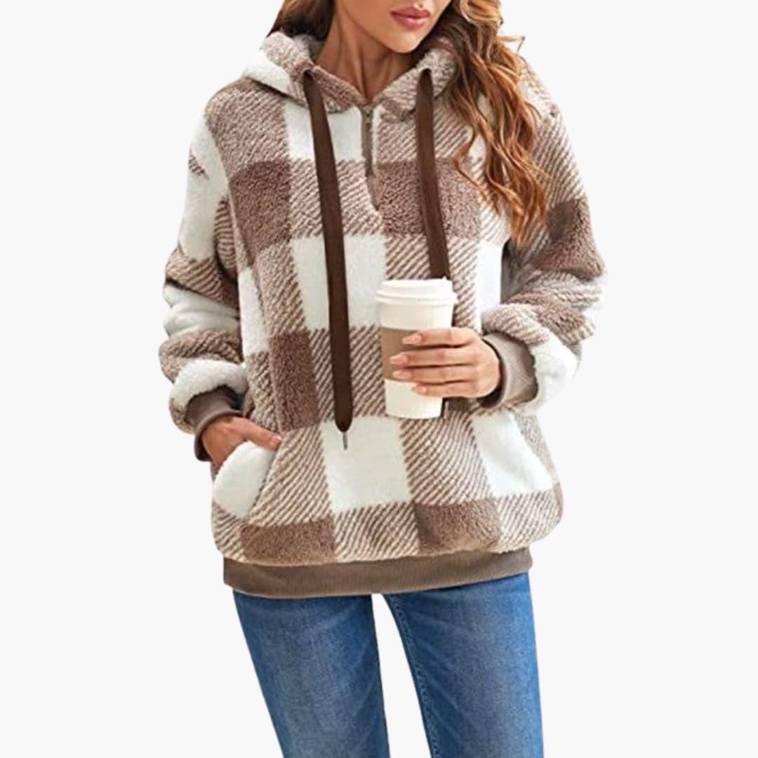 Bavane | Women's Hooded Sweatshirt with Half Zip and Check Pattern