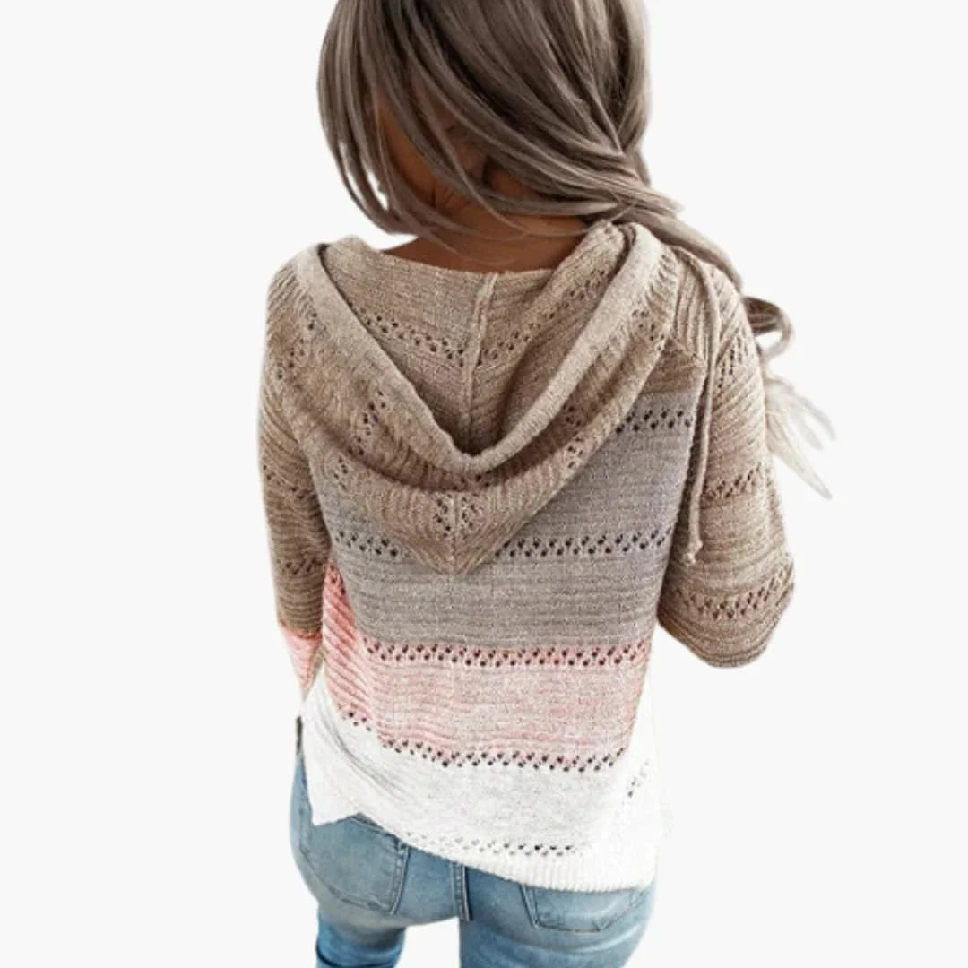 Women's Hooded Sweater with Stripes and Long Sleeves