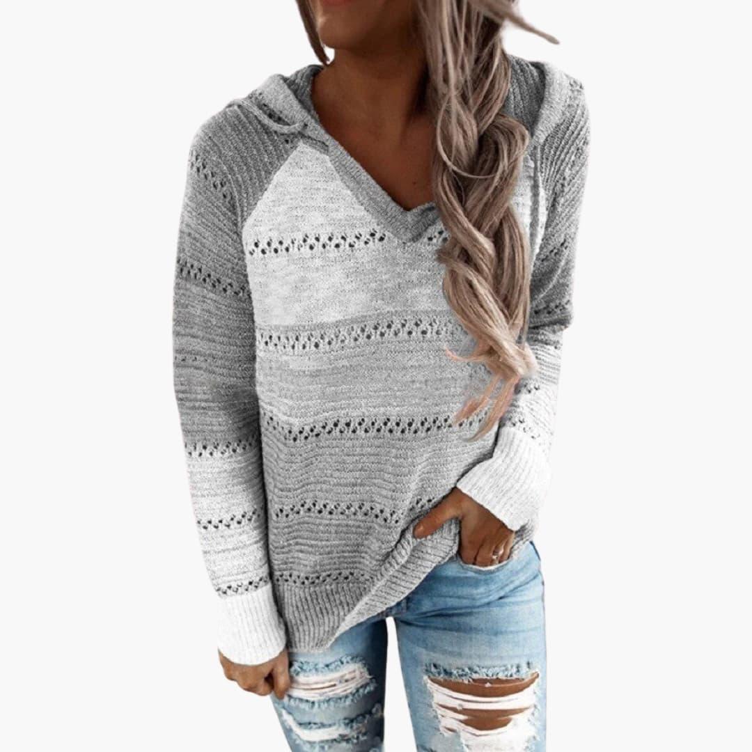 Women's Hooded Sweater with Stripes and Long Sleeves