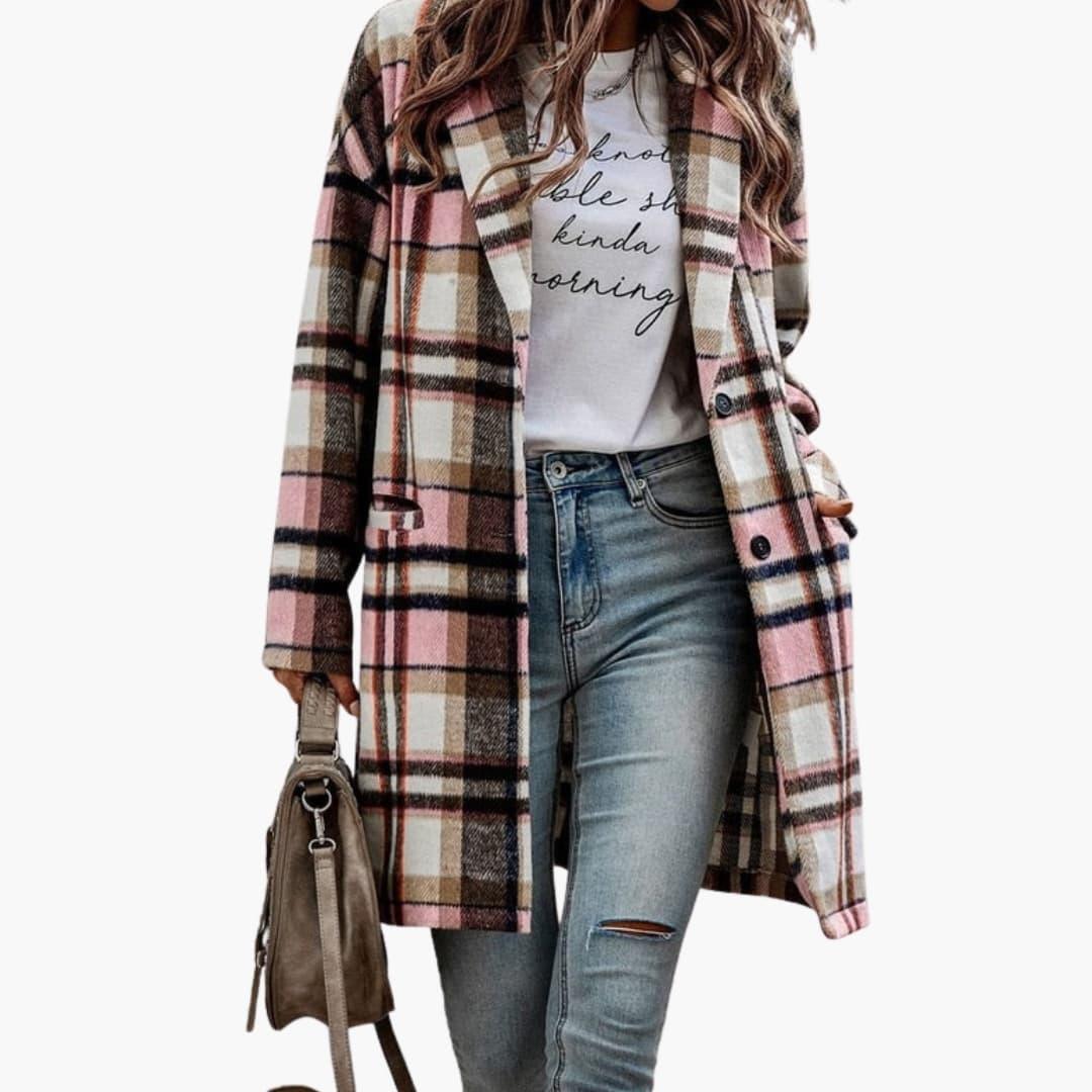 Women's Checkered Jacket with Front Buttons and Long Sleeves