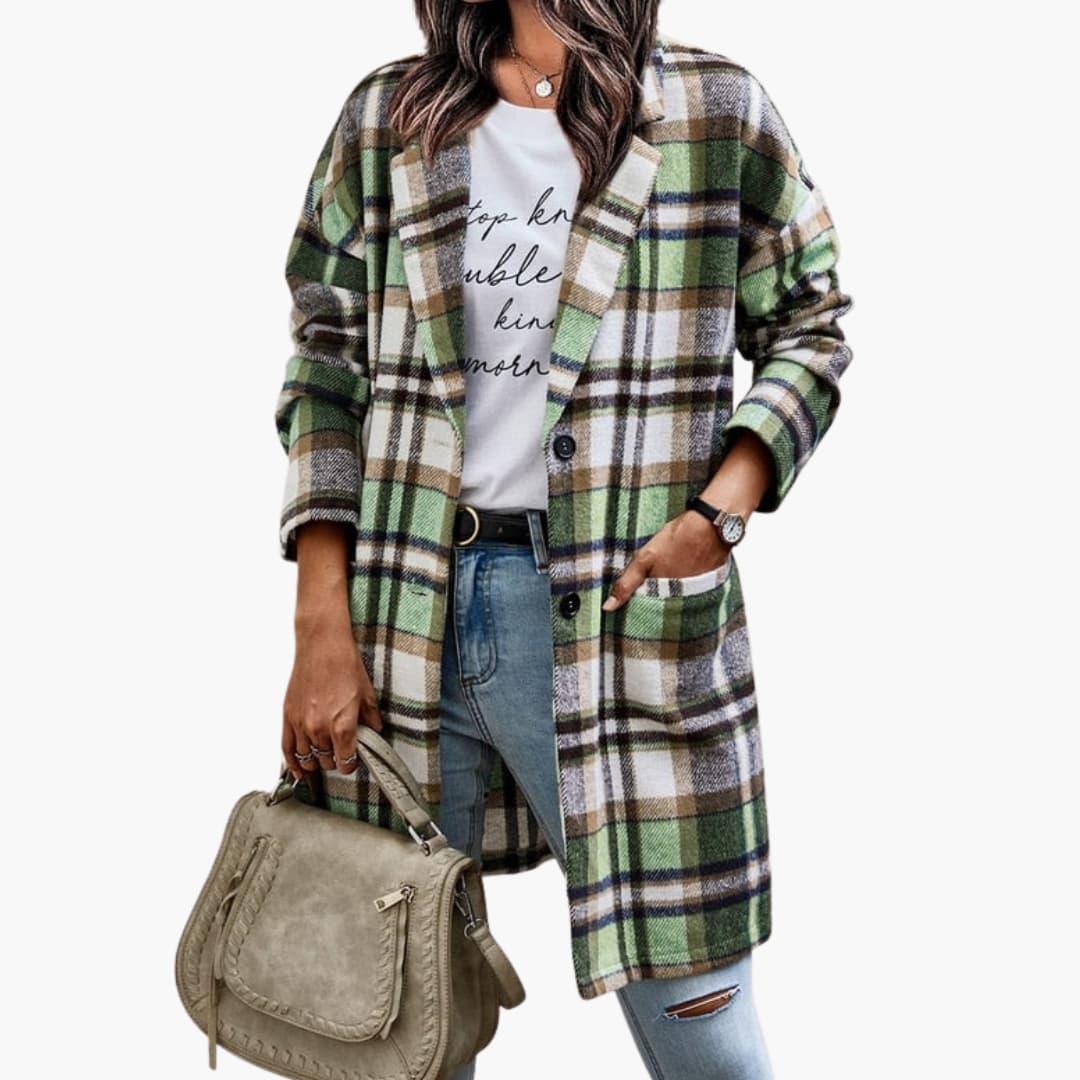 Women's Checkered Jacket with Front Buttons and Long Sleeves