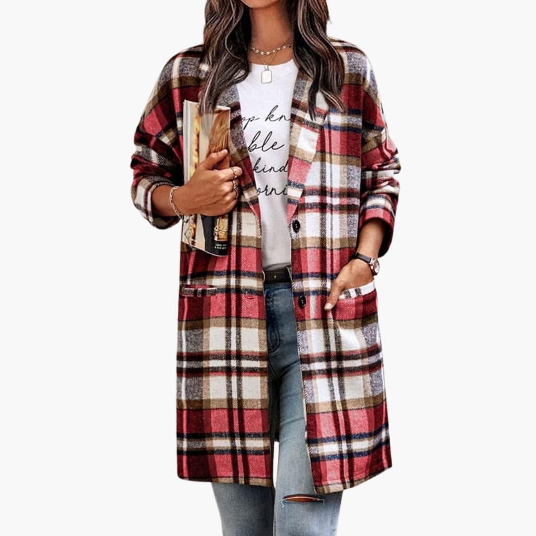 Women's Checkered Jacket with Front Buttons and Long Sleeves