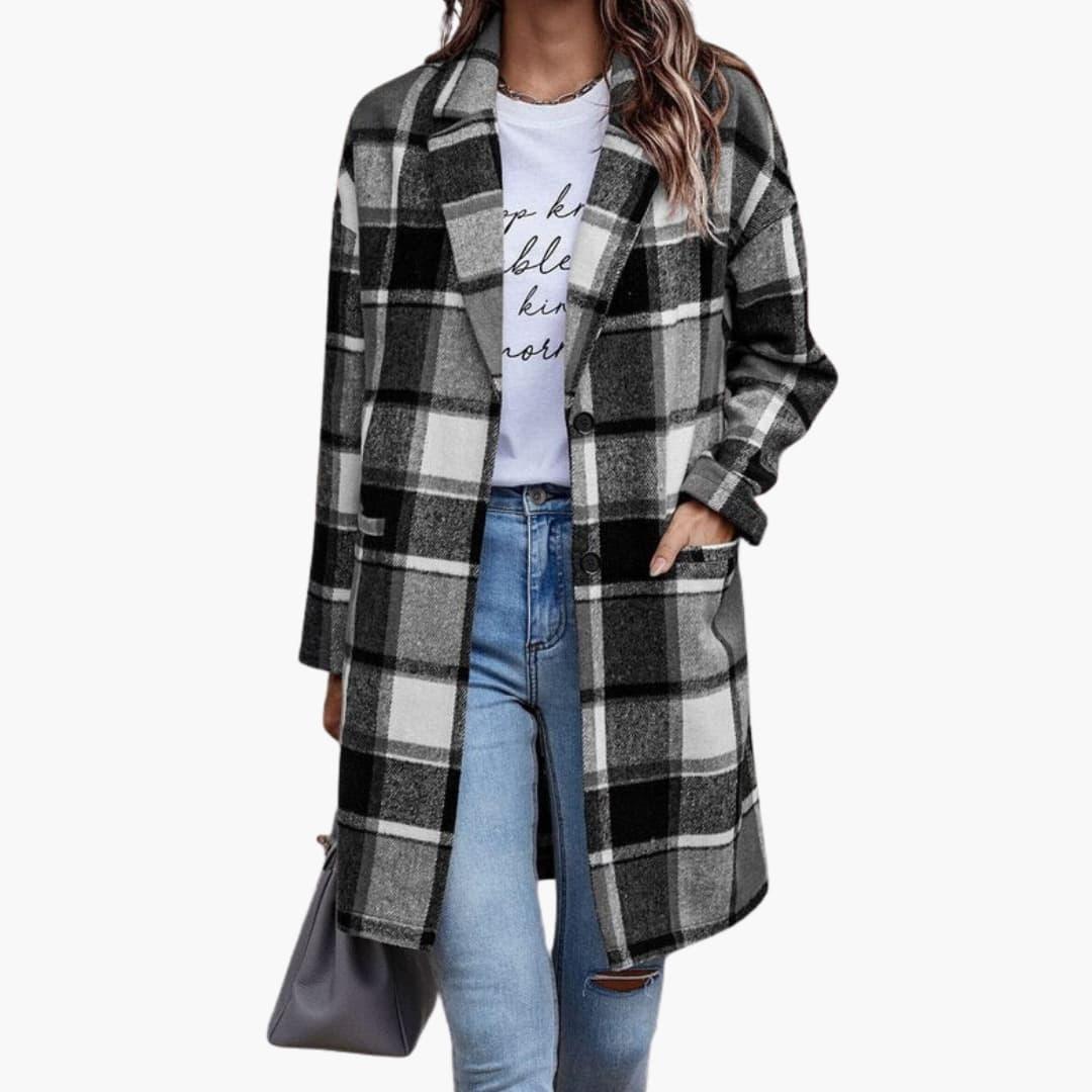 Women's Checkered Jacket with Front Buttons and Long Sleeves