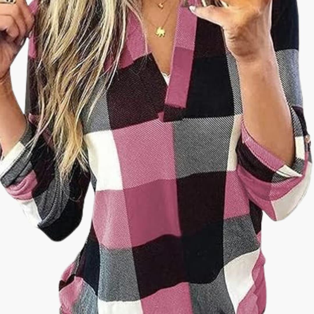 Women's Checkered Blouse with V-Neck and Long Sleeves