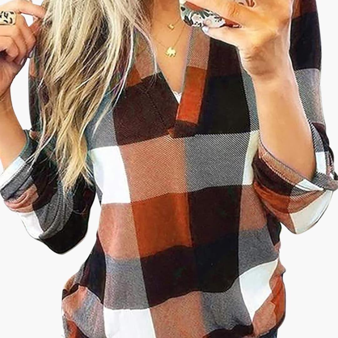Women's Checkered Blouse with V-Neck and Long Sleeves