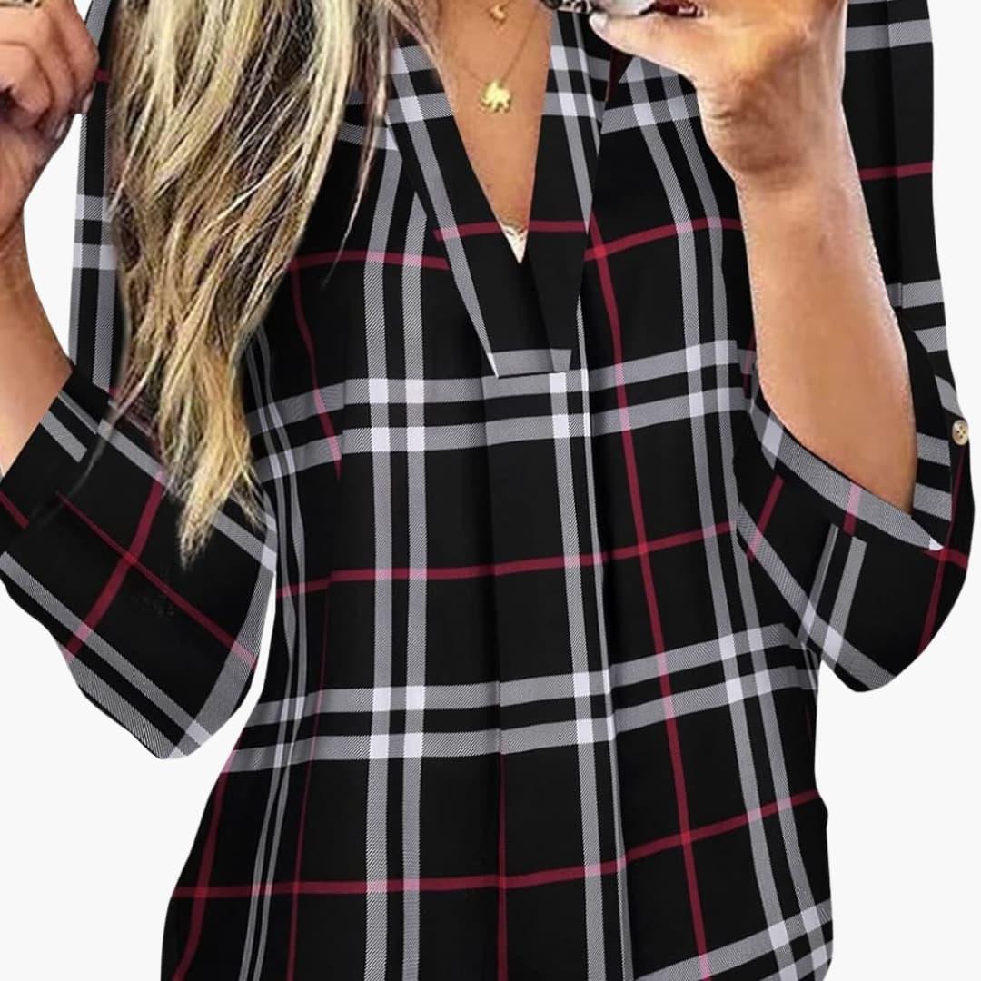 Bavane | Women's Checkered Blouse with V-Neck and Long Sleeves