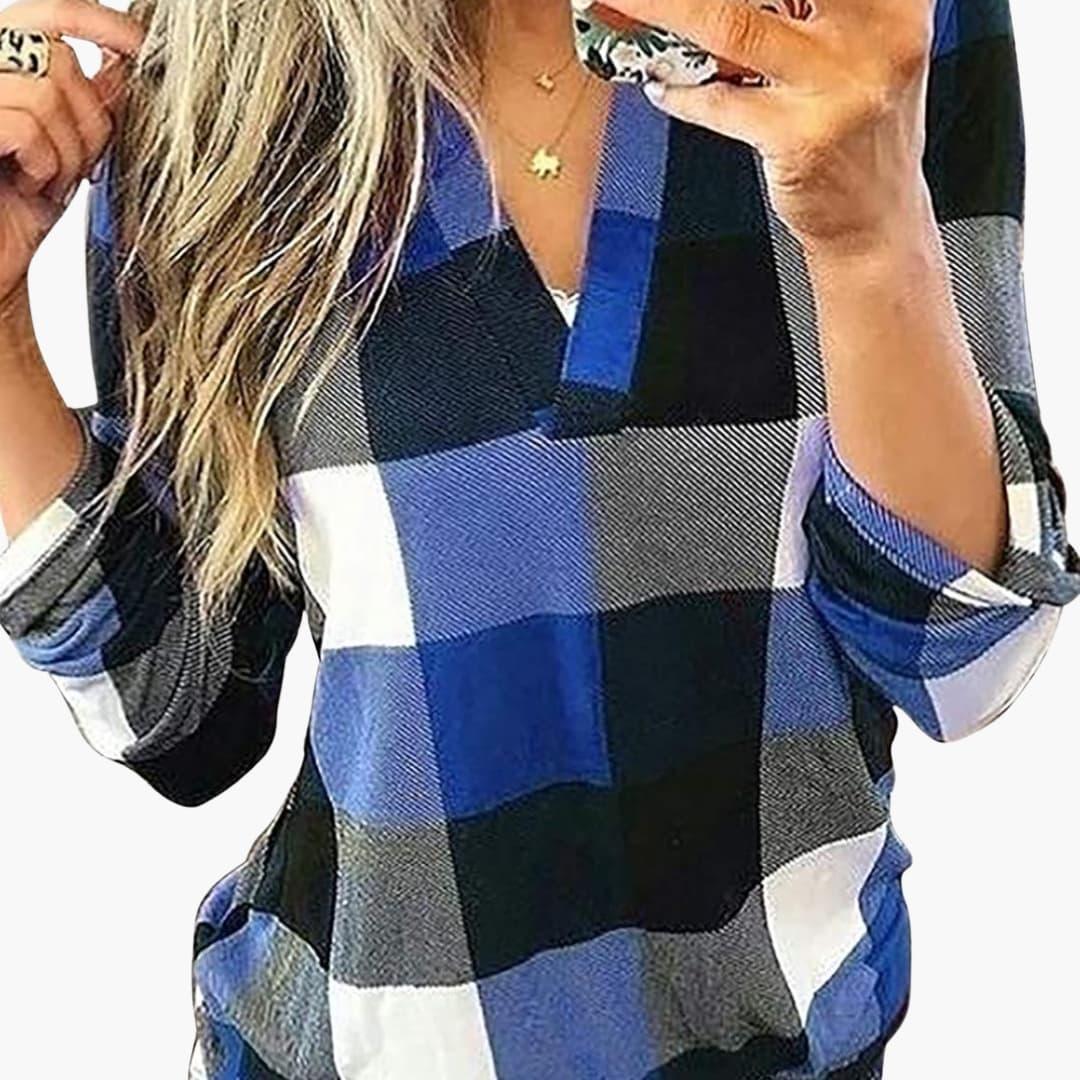 Women's Checkered Blouse with V-Neck and Long Sleeves