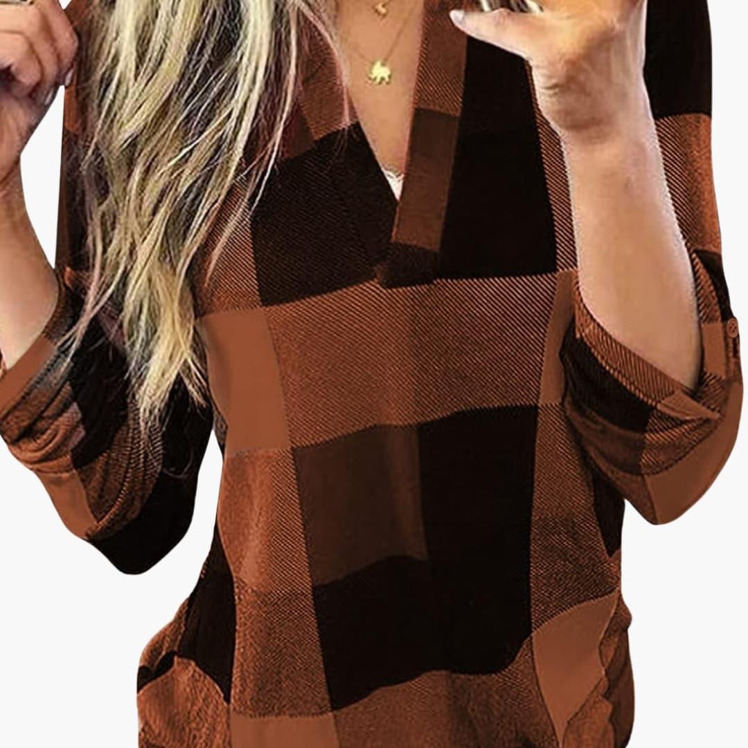 Women's Checkered Blouse with V-Neck and Long Sleeves