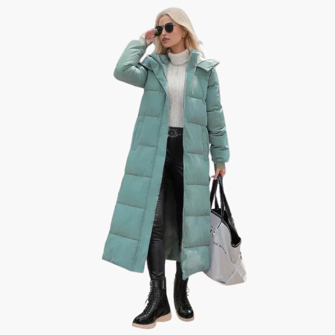 Women's Long Winter Coat with Hood and Button Closure