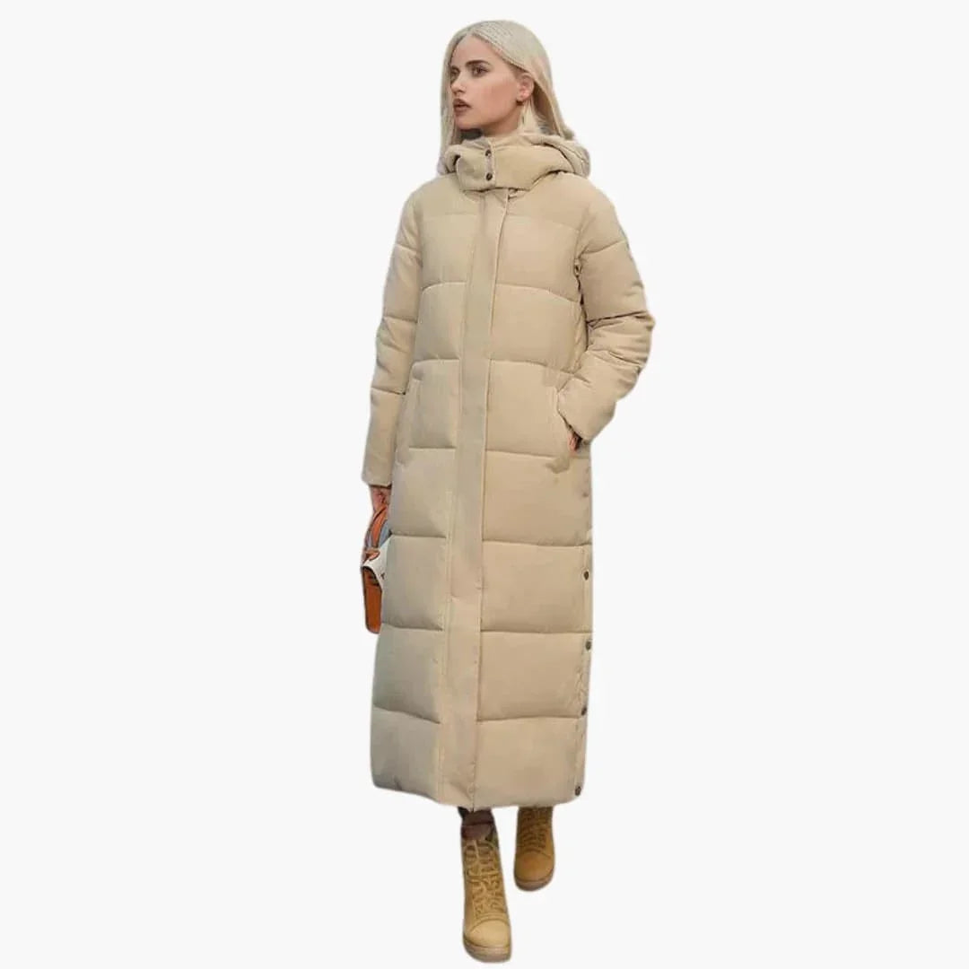 Women's Long Winter Coat with Hood and Button Closure