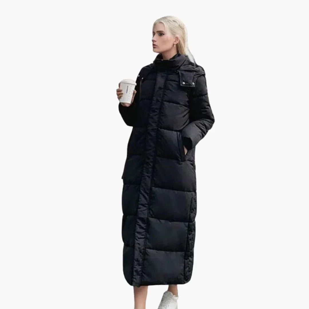 Bavane | Women's Long Winter Coat with Hood and Button Closure