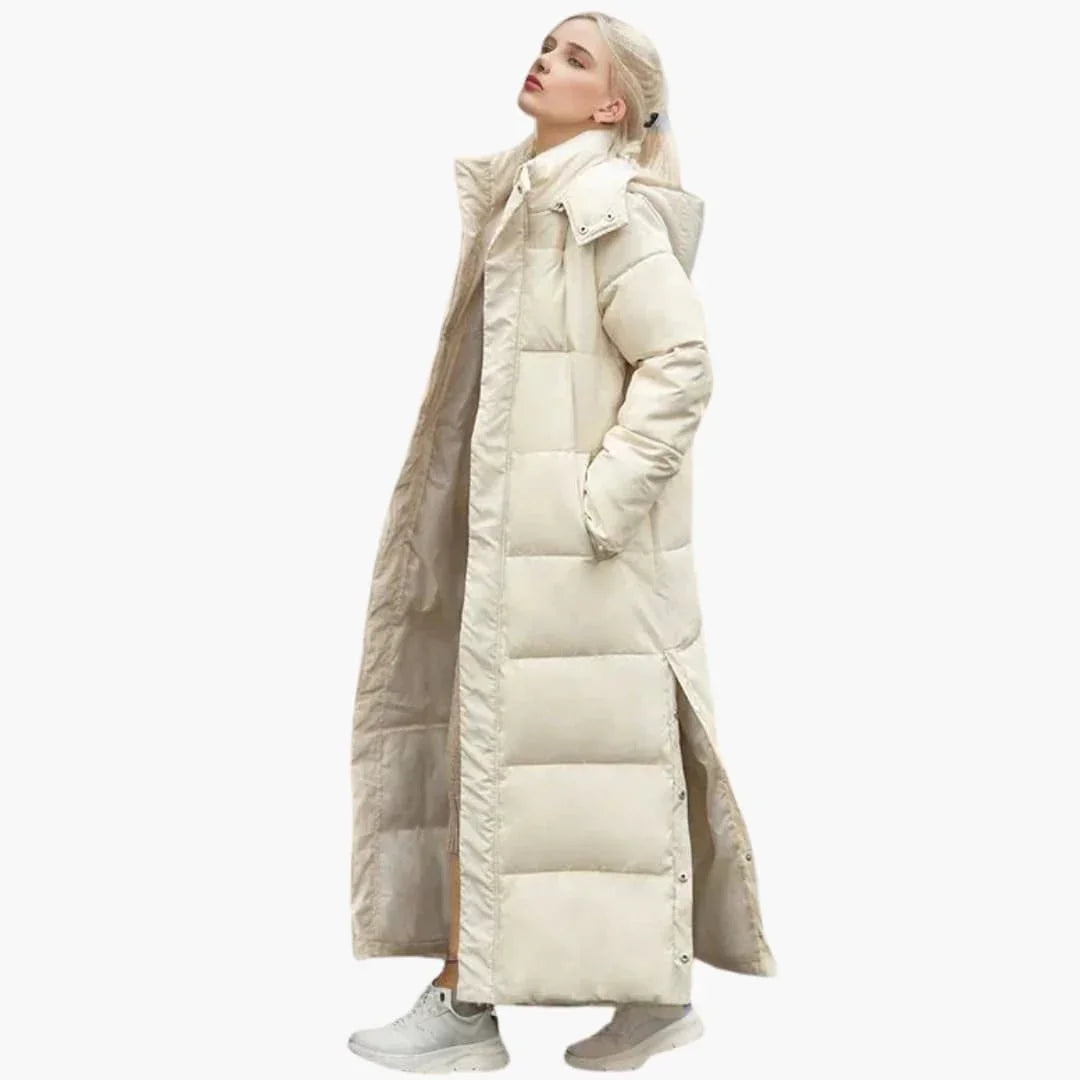 Women's Long Winter Coat with Hood and Button Closure