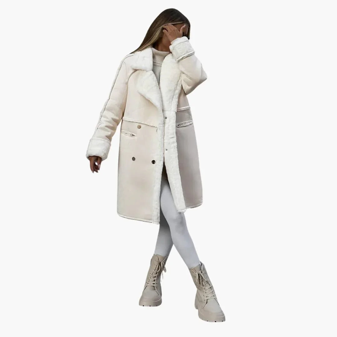 Bavane | Women's Long Coat with Notched Collar and Front Button Closure