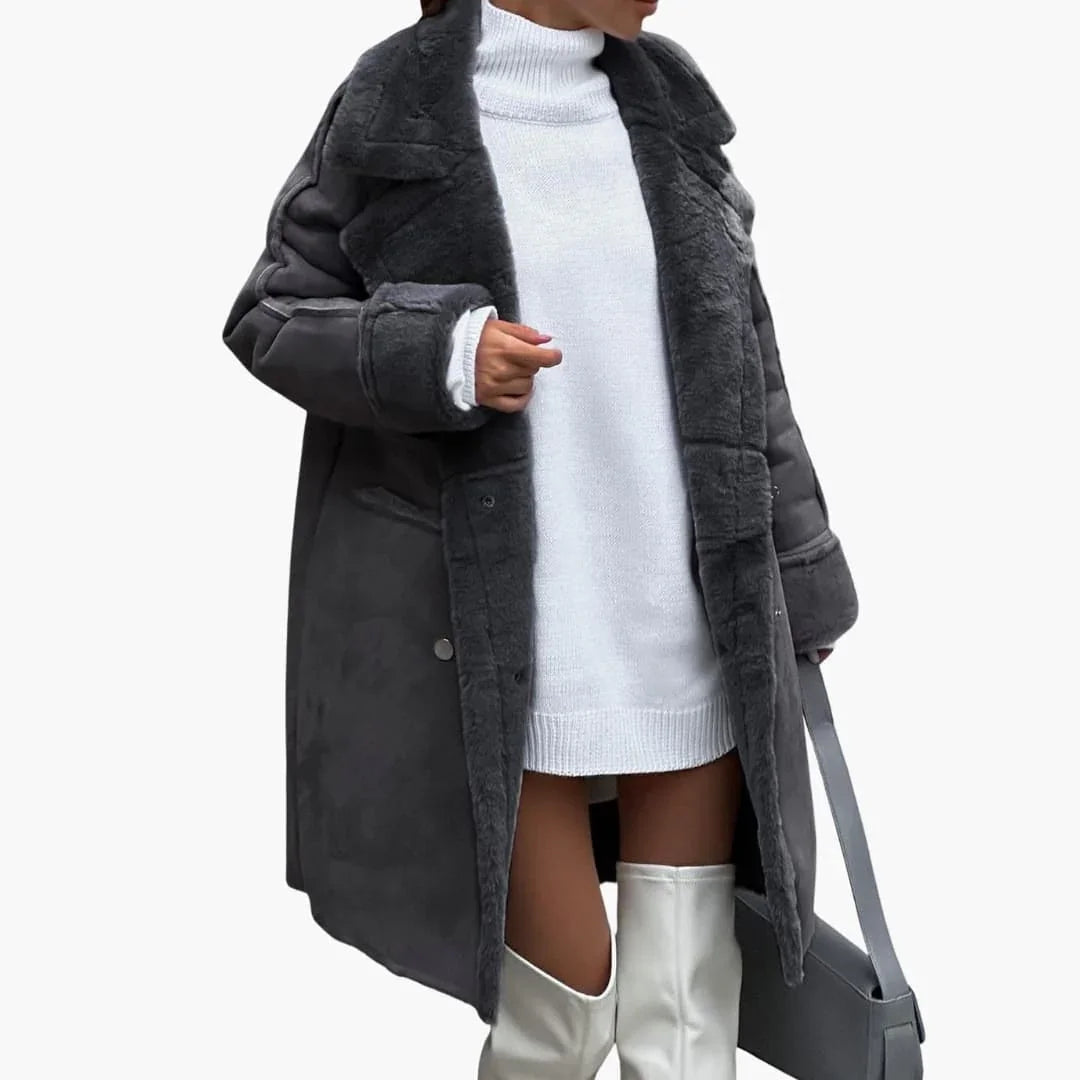 Women's Long Coat with Notched Collar and Front Button Closure