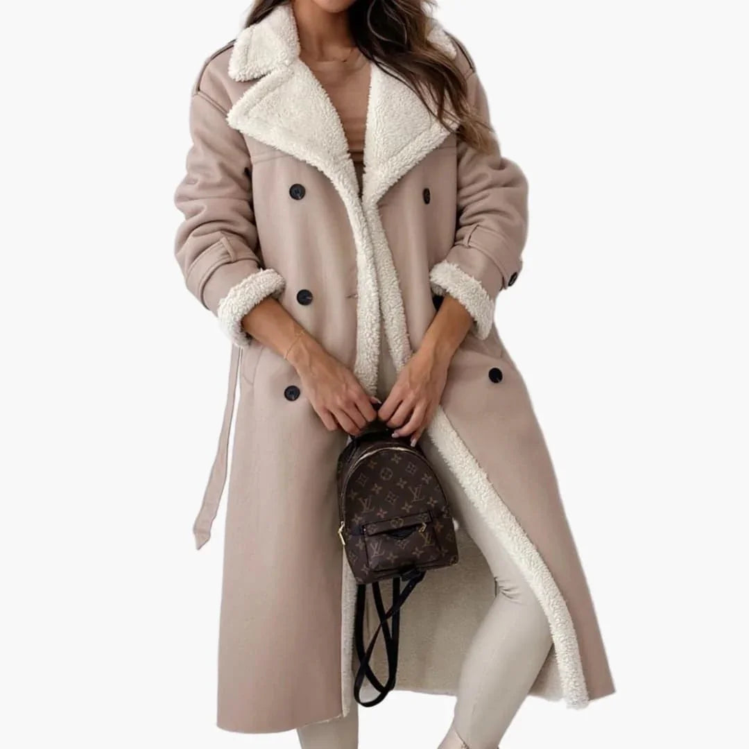 Women's Long Coat with Lapel Collar and Faux Fur Lining
