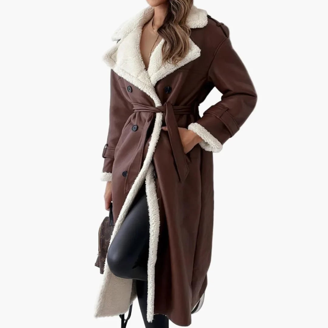 Women's Long Coat with Lapel Collar and Faux Fur Lining