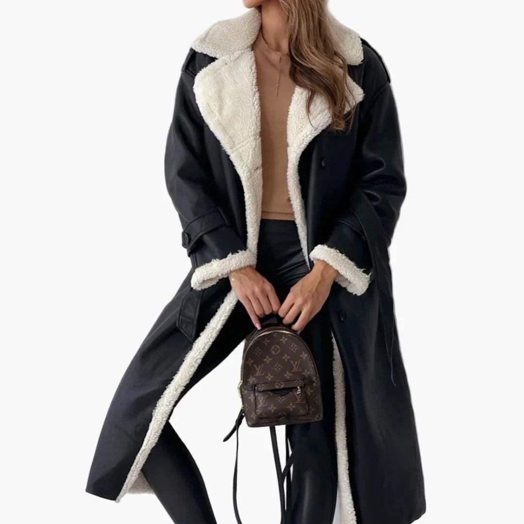 Women's Long Coat with Lapel Collar and Faux Fur Lining