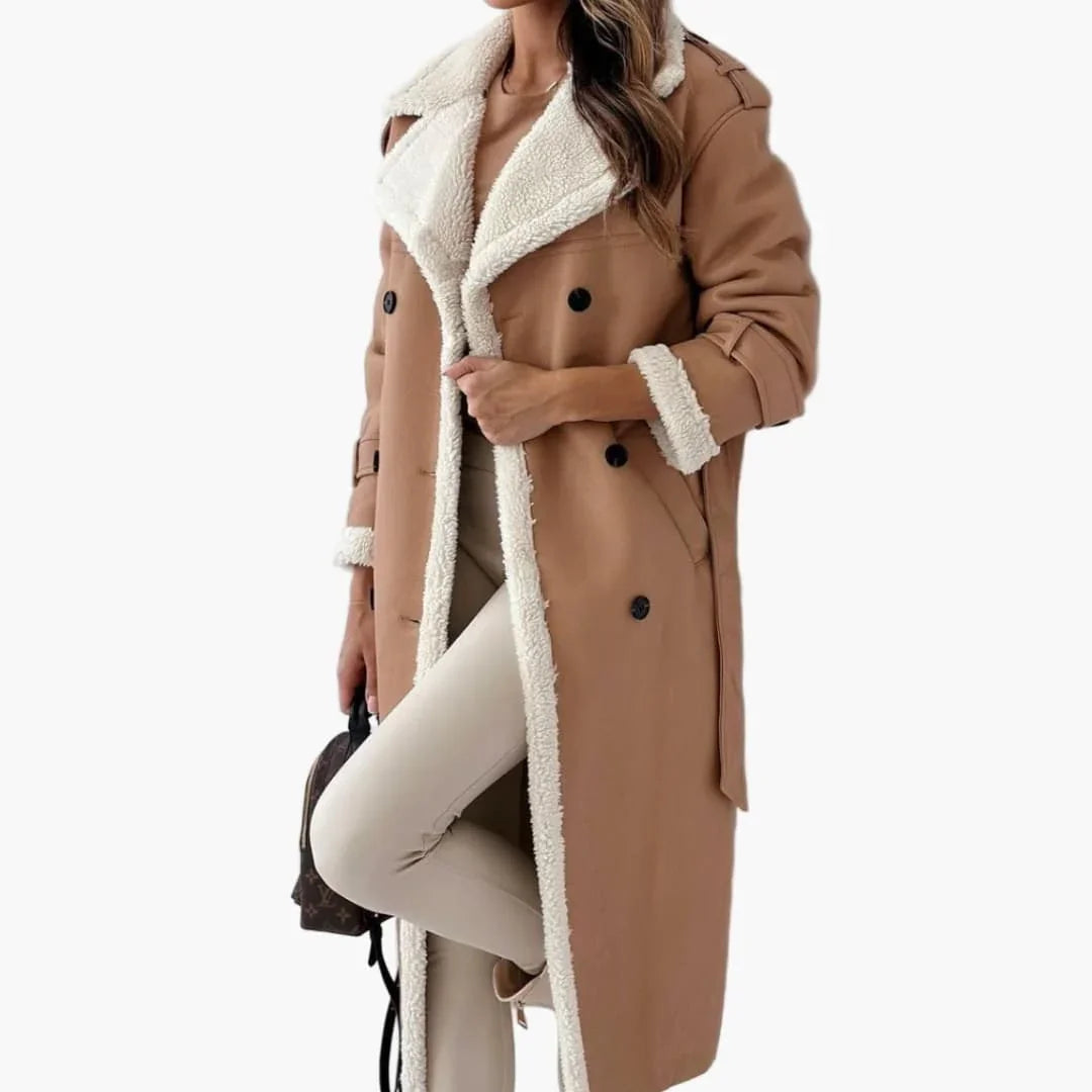 Women's Long Coat with Lapel Collar and Faux Fur Lining