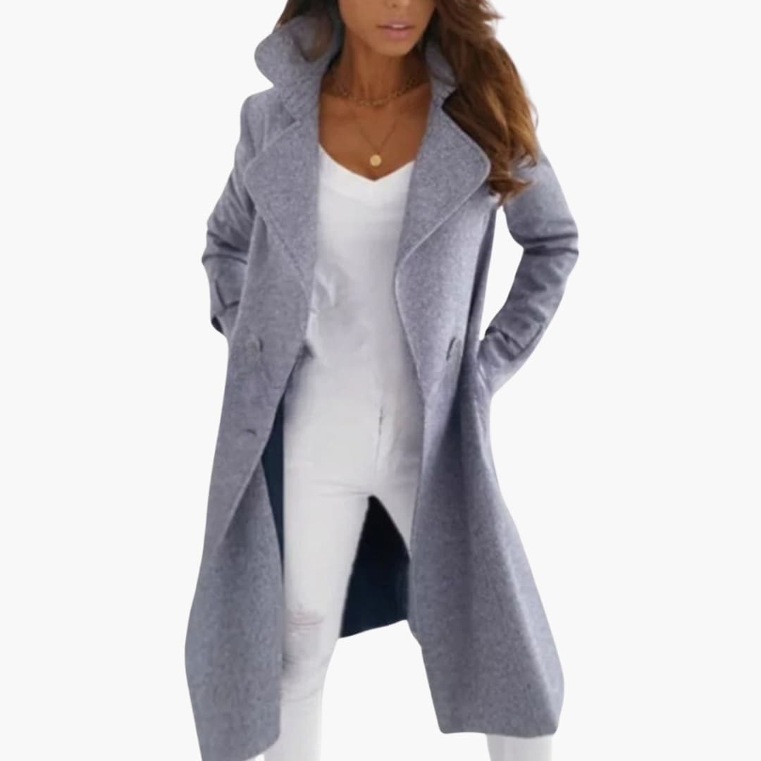 Women's Long Coat with Lapel Collar and Straight Sleeves
