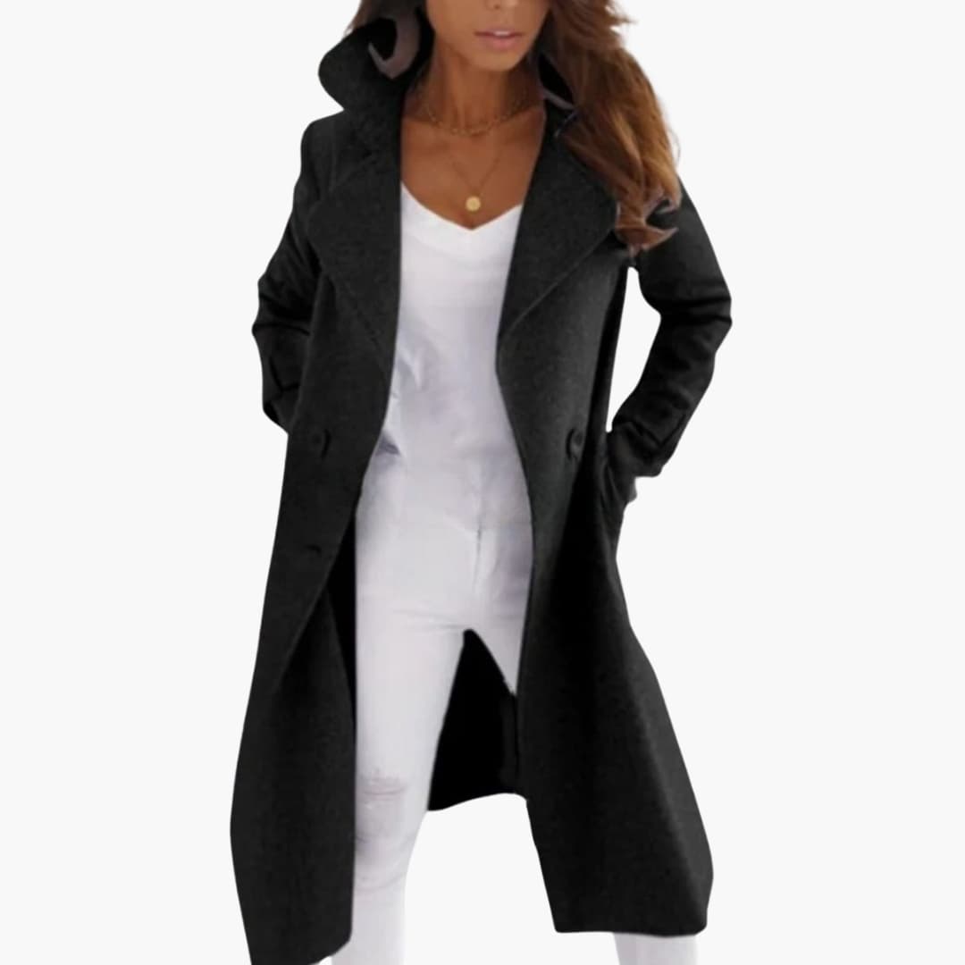 Women's Long Coat with Lapel Collar and Straight Sleeves