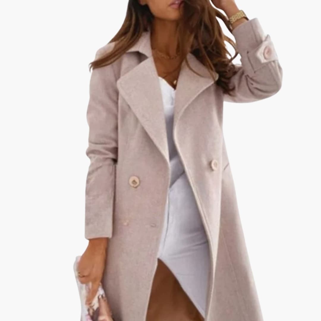 Women's Long Coat with Lapel Collar and Straight Sleeves
