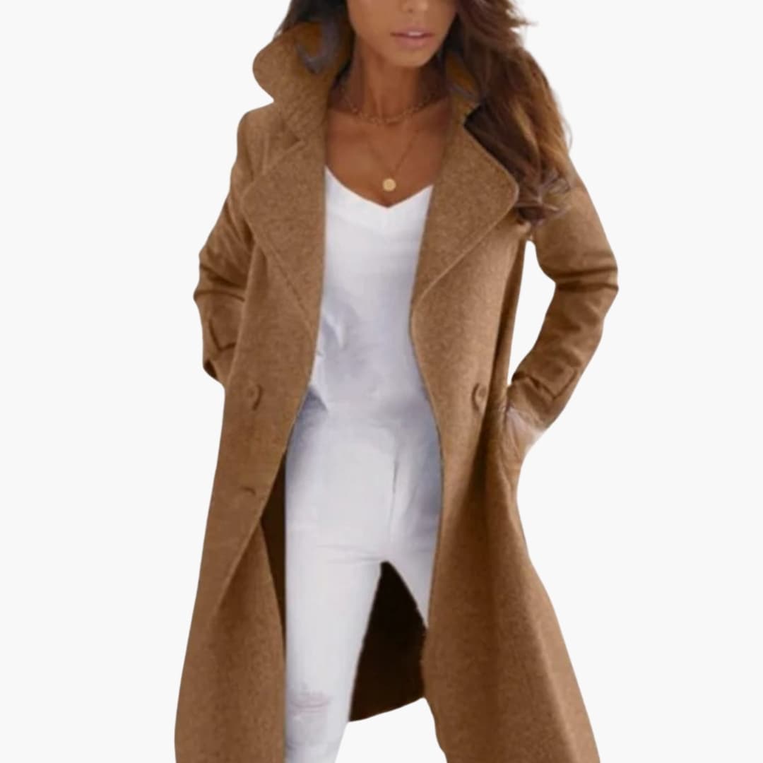 Women's Long Coat with Lapel Collar and Straight Sleeves