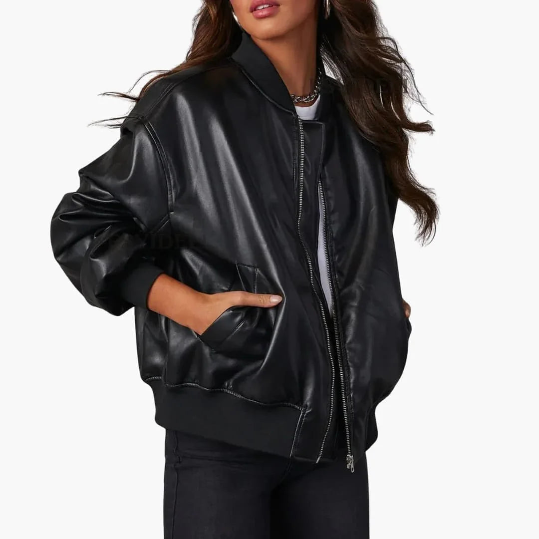 Bavane | Women's Oversized Bomber Jacket with Zipper and Ribbed Details