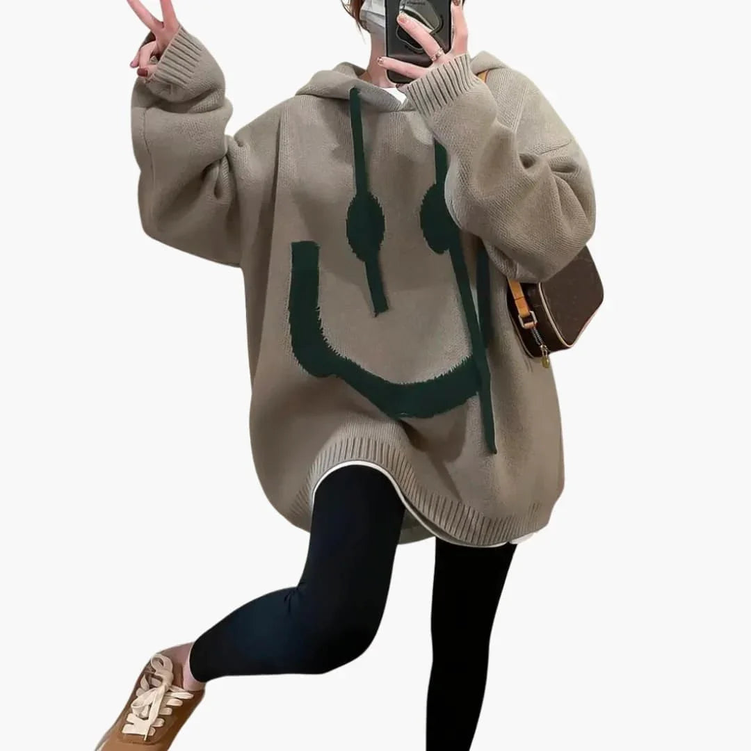 Women's Oversized Hoodie with Smiley Print